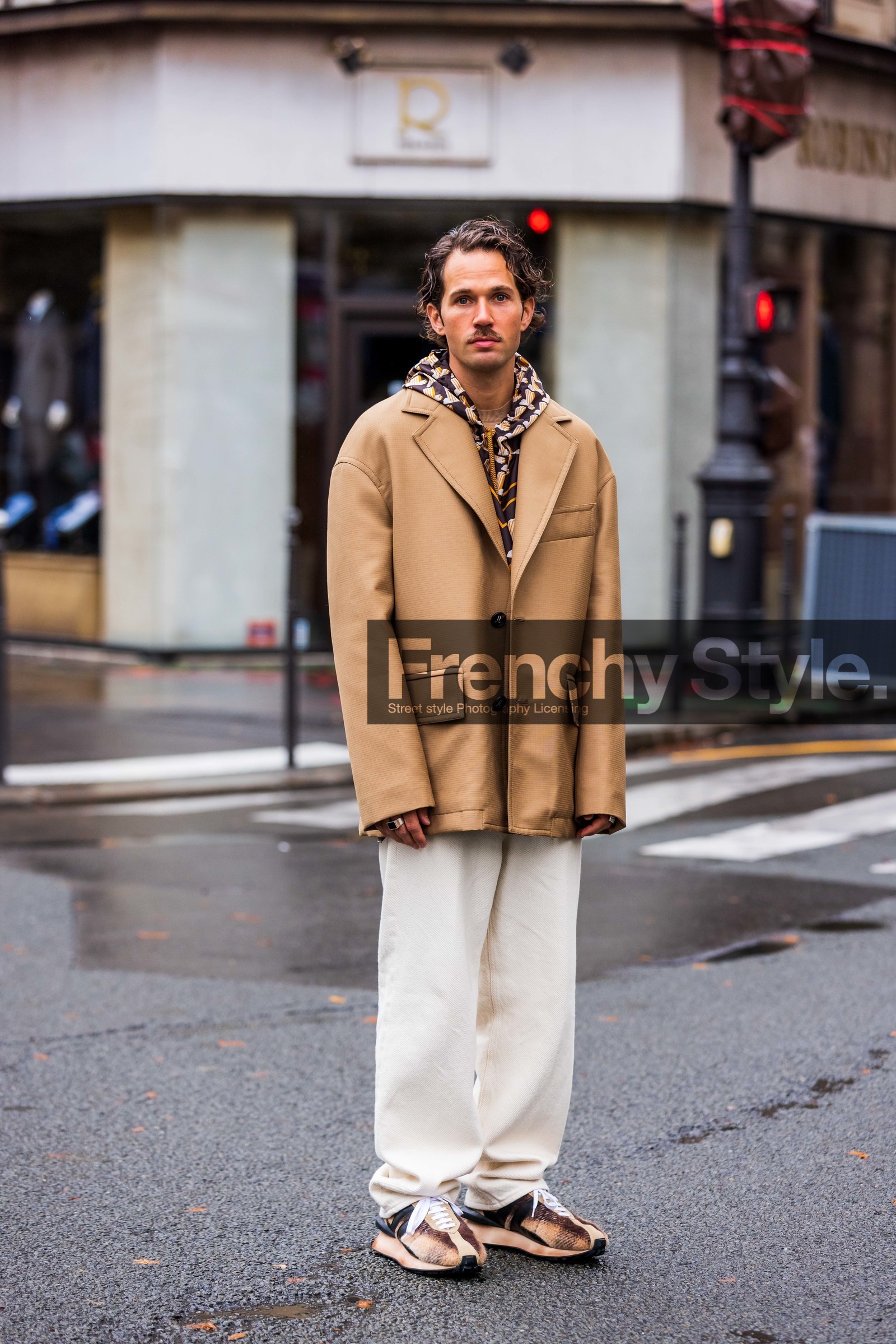 beige blazer, beige sneakers, blazer, brown scarf, denim, Jean Sebastien Roques, lanvin look, large pants, menswear, orange scarf, pants, print, printed scarf, scarf, sneakers, white denim, white pants, fashion week, frenchystyle, FW, jonathan paciullo, street style, PFW, PARIS, SPRING SUMMER 2022, SS 22, vertical, full length