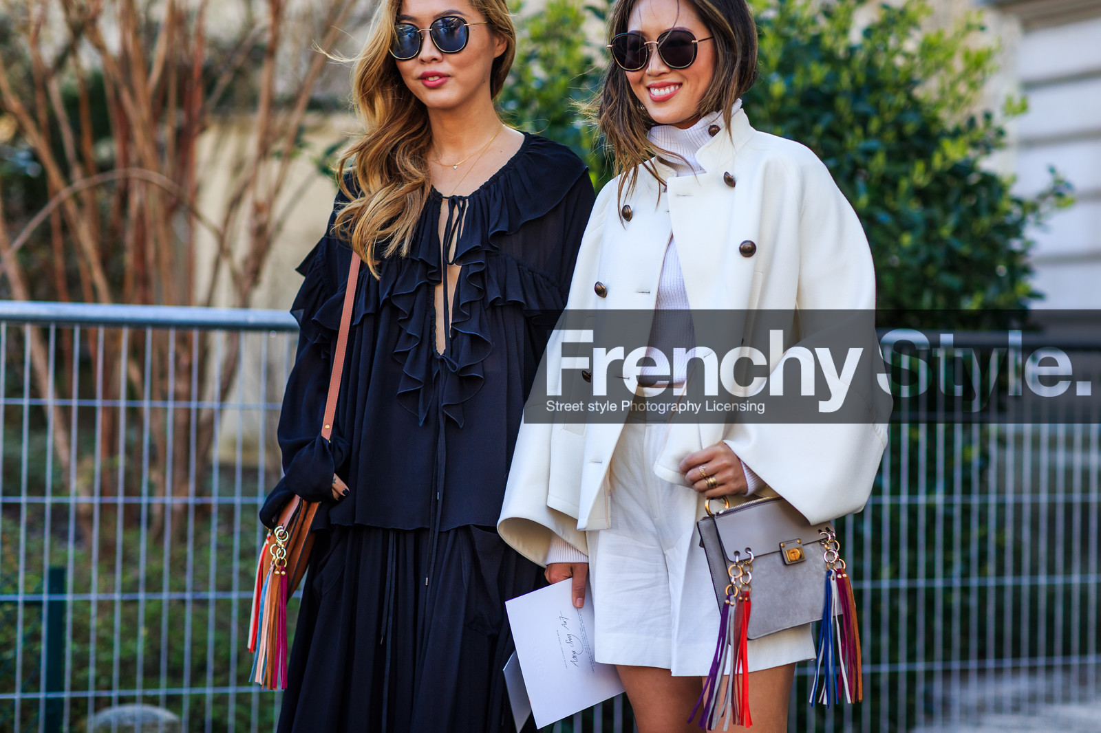 aimee song, atmosphere details, AUTUMN WINTER 2016-2017, AW 16-17, black dress, brown bag, chiffon dress, chloe, dani song, detail, FALL WINTER 2016-2017, fashion week, frenchystyle, fringes, FW, FW 16-17, grey bag, horizontal, jonathan paciullo, leather bag, long dress, PARIS, PFW, pompons, silk dress, street style, suede bag, sunglasses, turtleneck sweater, white jacket, white knit, white shorts