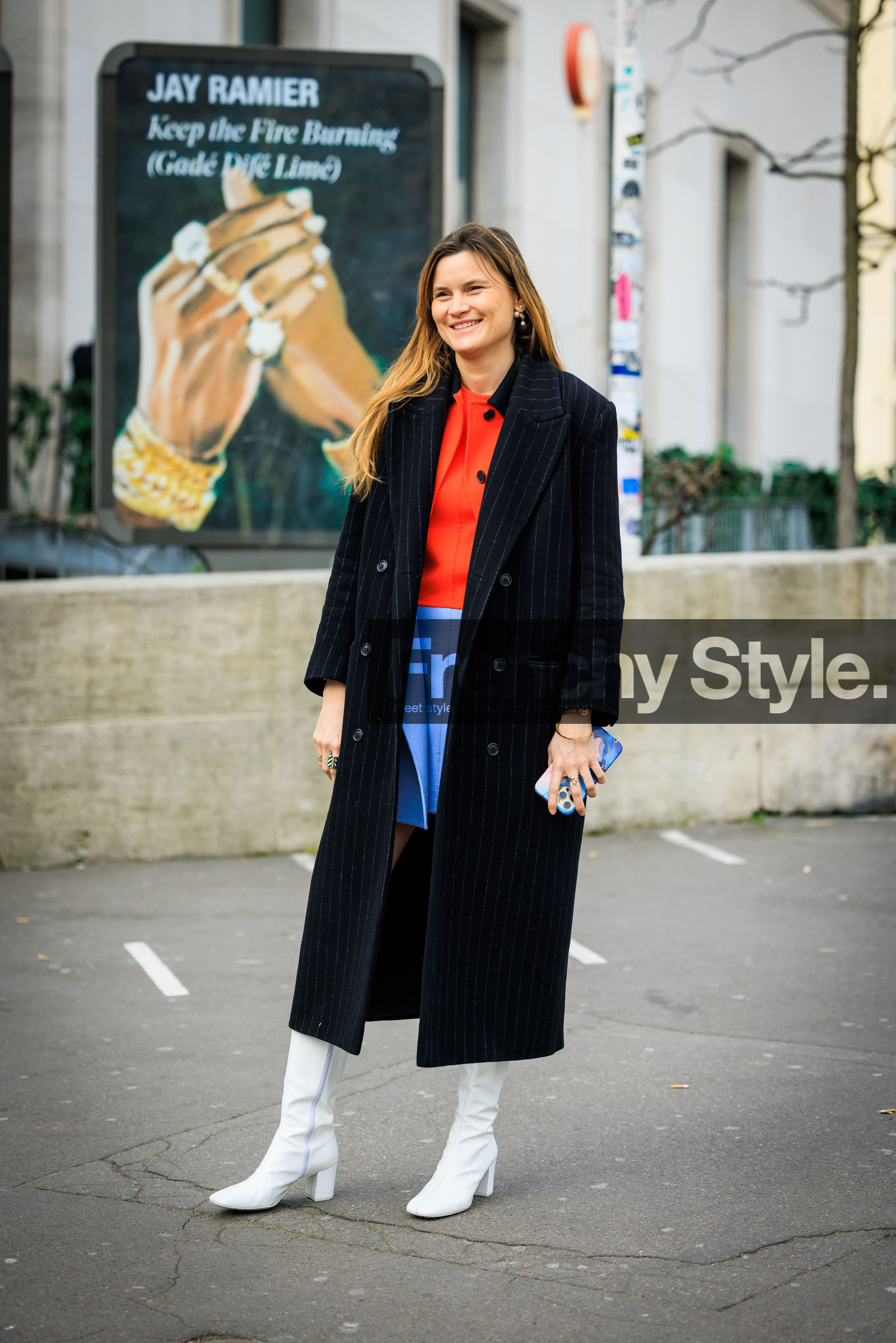 black coat, orange shirt, iphone, pastel blue skirt, mini skirt, white boots, bracelets, earrings, eugenie trochu, fashion week, frenchystyle, FW, jonathan paciullo, street style, AUTUMN WINTER 2022-2023, FALL WINTER 2022_2023, FW 22-23, PFW, PARIS, vertical, full length
