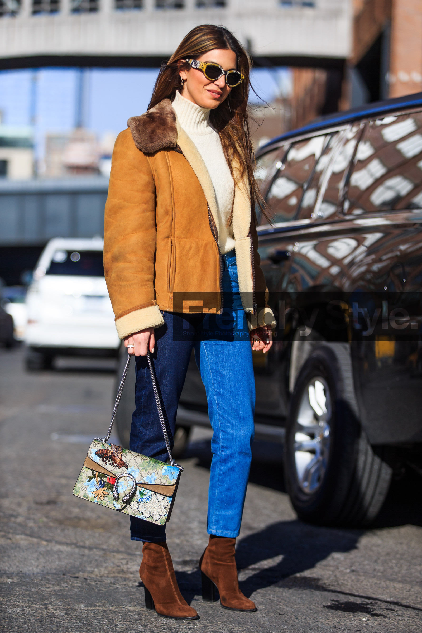 AUTUMN WINTER 2016-2017, AW 16-17, beige bag, blue denim, brown boots, brown fur, brown jacket, camel jacket, denim pants, embroidered bag, fashion week, frenchystyle, full length, fur collar, FW, FW 16-17, gucci, high heels, jeans, jonathan paciullo, leather boots, leather jacket, negin mirsalehi, NEW YORK, NYFW, printed bag, shearling, street style, suede jacket, suede shoes, sunglasses, trousers, turtleneck sweater, vertical, white sweater, woman