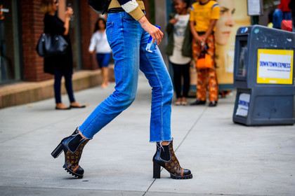 atmosphere details, blue denim, brown boots, denim pants, detail, fashion week, frenchystyle, FW, high heels, horizontal, jeans, jonathan paciullo, leather shoes, louis vuitton, monogram, NEW YORK, NYFW, printed boots, SPRING SUMMER 2018, SS 18, street style, trousers