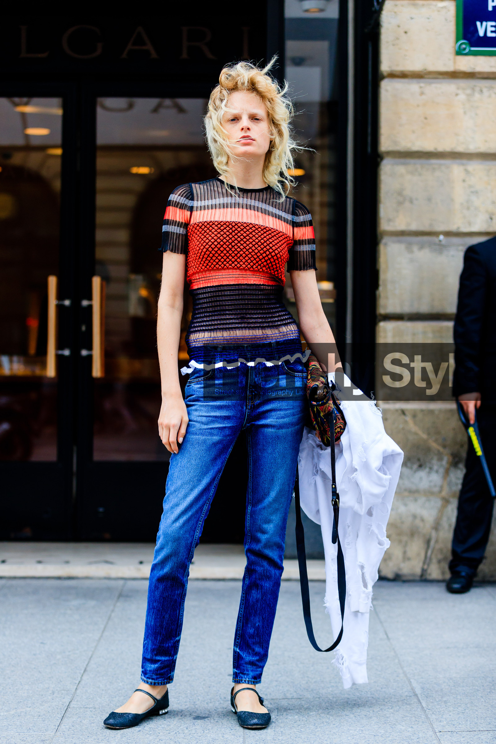 AUTUMN WINTER 2016-2017, AW 16-17, babies, black shoes, blue denim, denim pants, FALL WINTER 2016-2017, fashion week, frenchystyle, full length, FW, FW 16-17, graphic top, hanne gaby odiele, HAUTE COUTURE, jeans, jonathan paciullo, leather shoes, MENSWEAR, model, PARIS, PFW, printed bag, printed top, red top, saint laurent paris, see through, street style, striped top, trousers, vertical