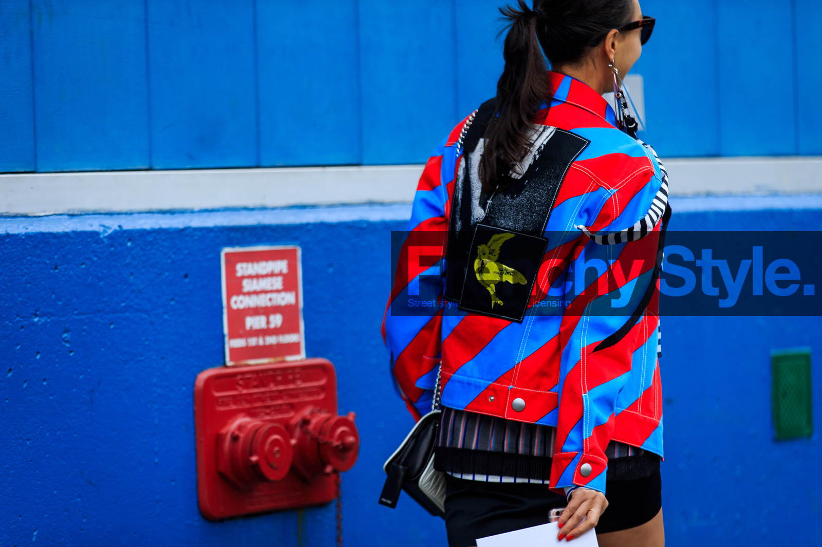 atmosphere details, AUTUMN WINTER 2016-2017, AW 16-17, black, black skirt, blue, blue jacket, denim jacket, detail, embroidered jacket, fashion week, frenchystyle, FW, FW 16-17, geometric, graphic jacket, horizontal, jonathan paciullo, NEW YORK, NYFW, red, red jacket, see through, street style, striped jacket, stripes, sunglasses, turquoise, woman