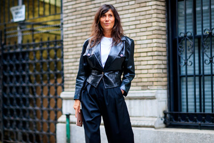 atmosphere details, black jacket, black pants, detail, Emmanuelle Alt, fashion week, frenchystyle, FW, horizontal, jonathan paciullo, leather jacket, NEW YORK, NYFW, SPRING SUMMER 2018, SS 18, street style, trousers, white t shirt