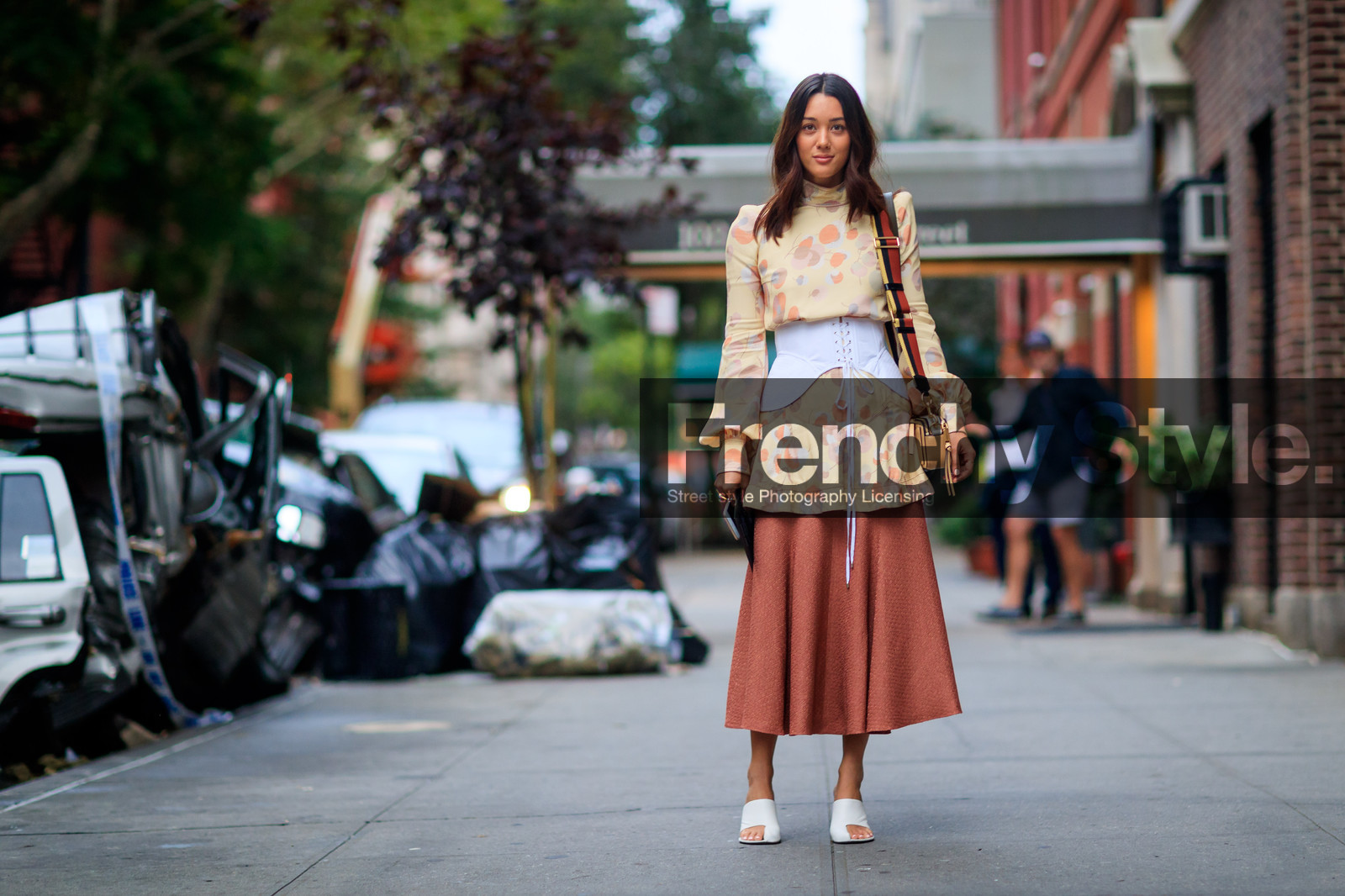 atmosphere details, beige bag, beige dress, corset, céline, fashion week, frenchystyle, full length, FW, graphic bag, gucci, high heels, horizontal, jonathan paciullo, kim jones, leather bag, leather shoes, NEW YORK, NYFW, pink skirt, printed dress, SPRING SUMMER 2018, SS 18, street style, striped bag, white belt, white shoes