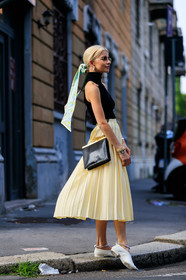 black bag, black top, blue scarf, caro daur, earrings, headscarf, leather bag, pleated skirt, sunglasses, yellow skirt, black bag, black top, caro daur, earrings, leather bag, leather shoes, pleated skirt, sunglasses, white shoes, yellow skirt, fashion week, frenchystyle, FW, jonathan paciullo, street style, MFW, MILAN, SPRING SUMMER 2019, SS 19, vertical, full length
