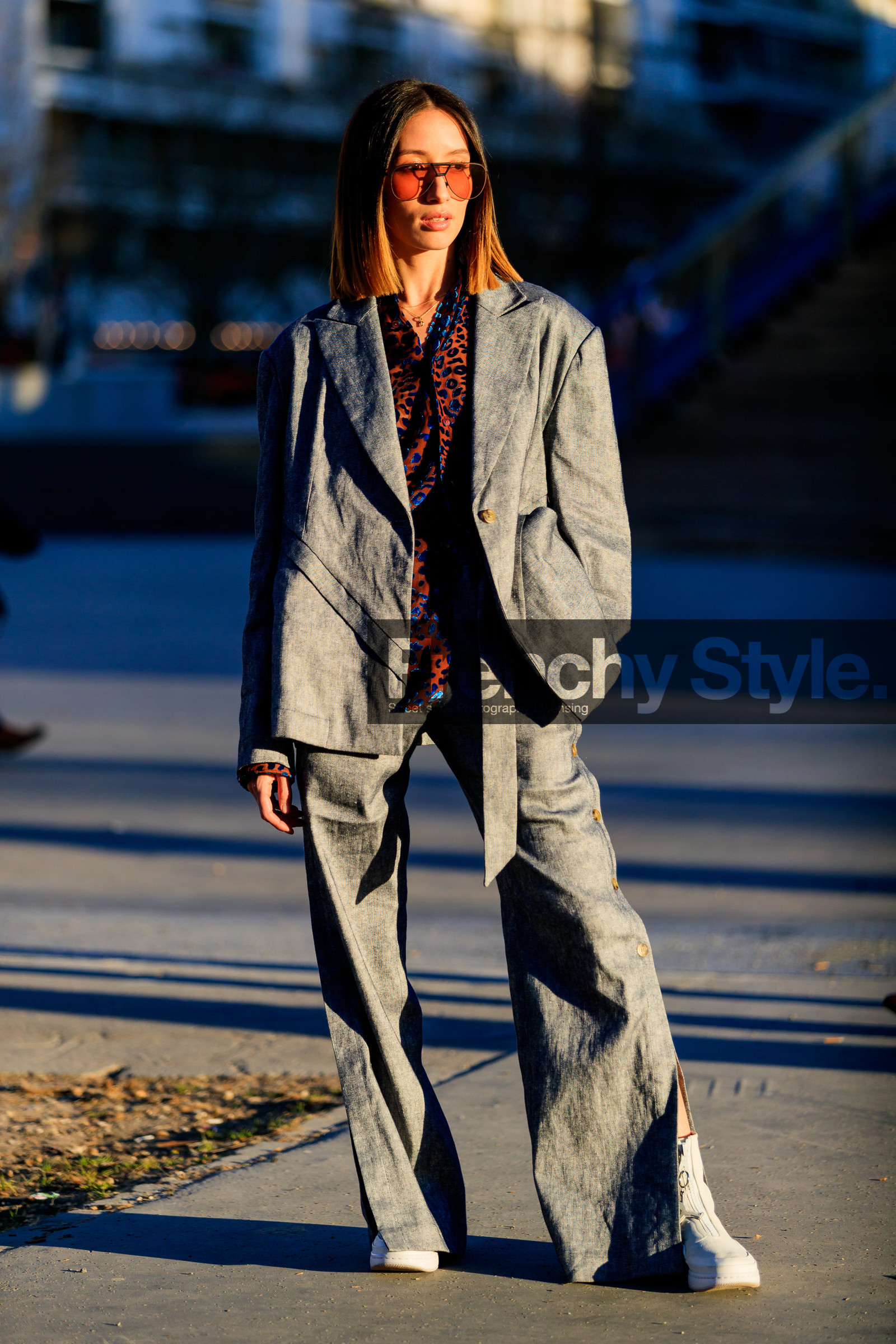 alexandra guerain, animal print, blazer, grey jacket, grey pants, grey suit, guerr, leather shoes, leopard, printed shirt, red shirt, sunglasses, trousers, white shoes, PARIS, PFW, street style, jonathan paciullo, FW, frenchystyle, fashion week, AUTUMN WINTER 2019-2020, AW 19-20, FALL WINTER 2019-2020, FW 19-20, vertical, full length