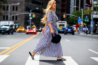 atmosphere details, black sandals, blue bag, fashion week, frenchystyle, full length, FW, graphic dress, horizontal, jonathan paciullo, kate foley, leather bag, long dress, NEW YORK, NYFW, printed dress, slides, SPRING SUMMER 2018, SS 18, street style, striped dress, stripes, velvet