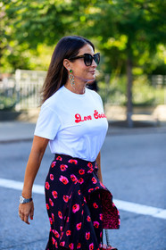 atmosphere details, black skirt, detail, earrings, fashion week, floral, flowers, frenchystyle, FW, jonathan paciullo, NEW YORK, NYFW, printed skirt, SPRING SUMMER 2018, SS 18, street style, sunglasses, vertical, white t shirt