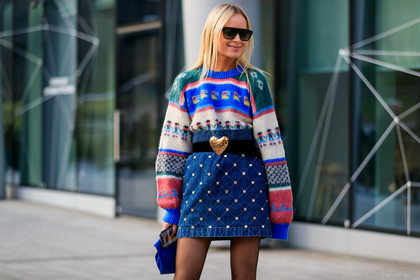 black belt, blue bag, blue denim, blue sweater, denim skirt, embroidered skirt, golden details, graphic skirt, graphic sweater, jeanette madsen, leather bag, pearls, printed skirt, printed sweater, sunglasses, fashion week, frenchystyle, FW, jonathan paciullo, street style, MFW, MILAN, AUTUMN WINTER 2019-2020, AW 19-20, FALL WINTER 2019-2020, FW 19-20, atmosphere details, detail, horizontal