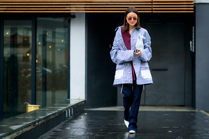 atmosphere details, AUTUMN WINTER 2017-2018, AW 17-18, blue jacket, earrings, FALL WINTER 2017-2018, fashion week, frenchystyle, full length, FW, FW 17-18, horizontal, jonathan paciullo, leather shoes, lena lademann, MFW, MILAN, navy pants, printed jacket, printed shirt, red shirt, street style, striped jacket, striped shirt, stripes, sunglasses, trousers, white boots, white clutch