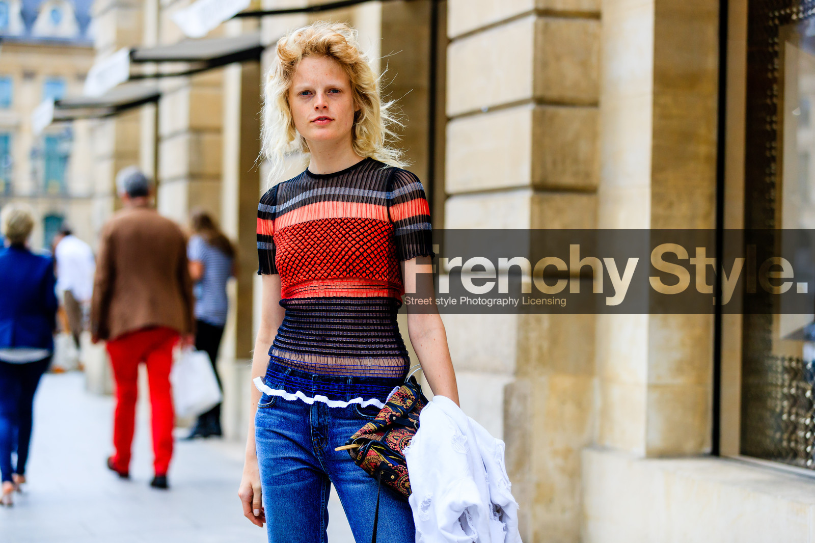 atmosphere details, AUTUMN WINTER 2016-2017, AW 16-17, blue denim, denim pants, detail, FALL WINTER 2016-2017, fashion week, frenchystyle, FW, FW 16-17, graphic top, hanne gaby odiele, HAUTE COUTURE, horizontal, jeans, jonathan paciullo, MENSWEAR, model, PARIS, PFW, printed bag, printed top, red top, saint laurent paris, see through, street style, striped top, trousers
