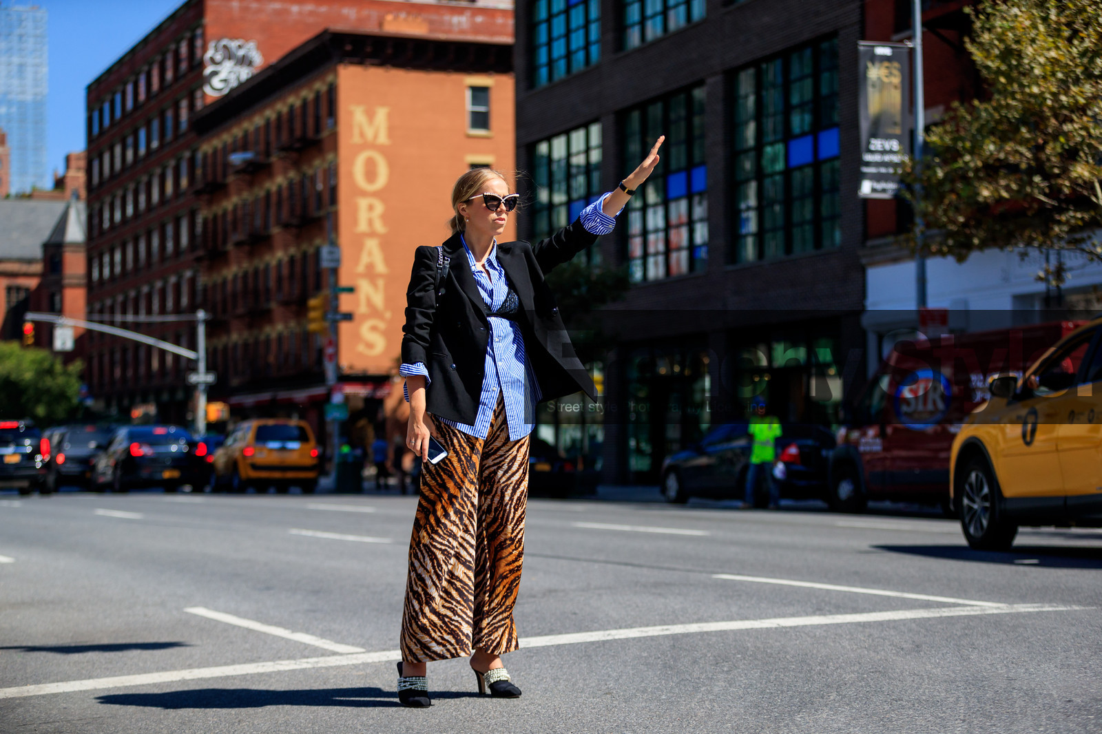 animal print, atmosphere details, black bra, black jacket, black shoes, blazer, blue shirt, brown pants, chloe king, fashion week, frenchystyle, full length, FW, graphic pants, graphic shirt, high heels, horizontal, jonathan paciullo, leather shoes, NEW YORK, NYFW, printed pants, printed shirt, SPRING SUMMER 2018, SS 18, street style, striped shirt, sunglasses, trousers, zebra