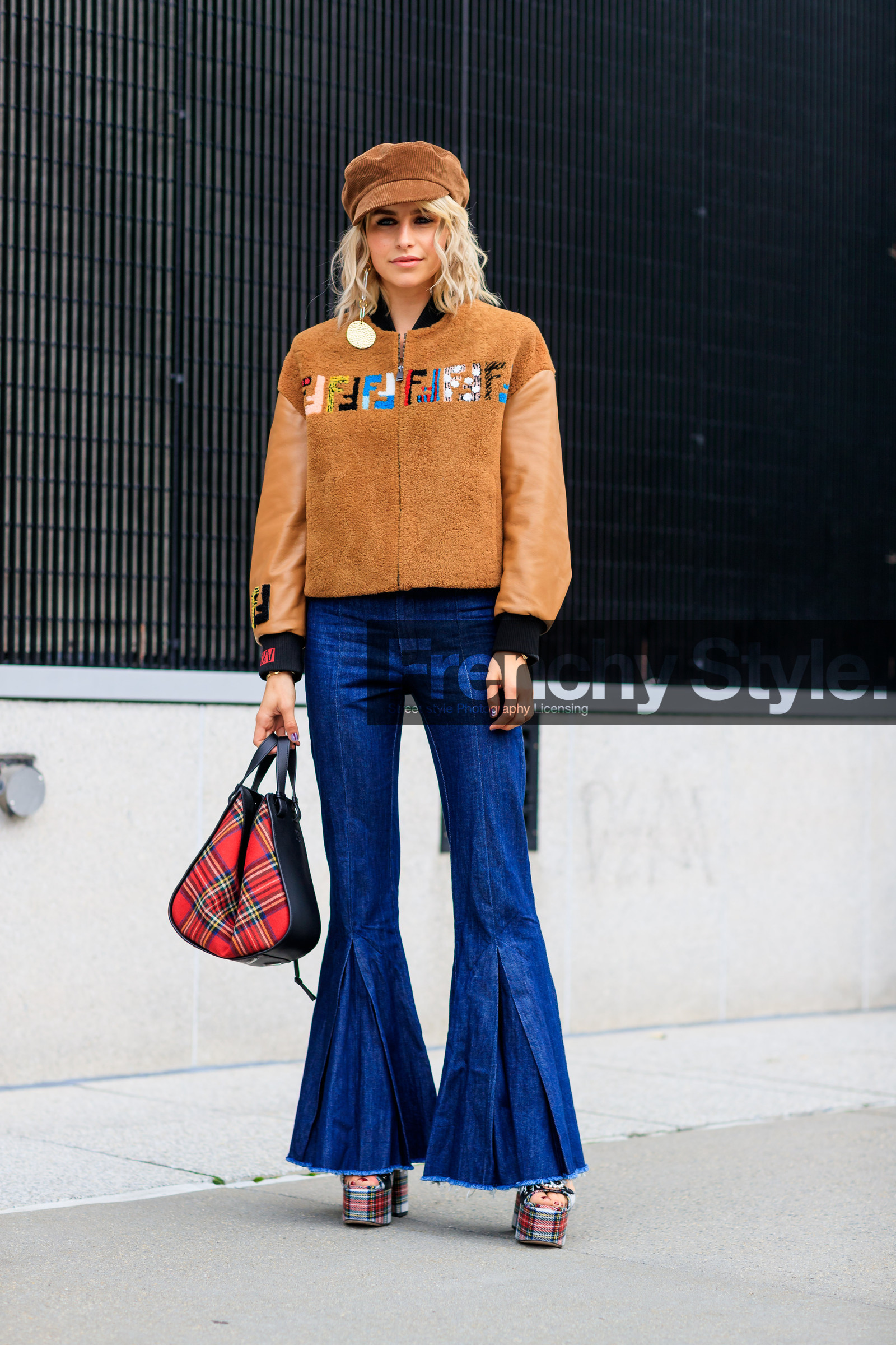blue denim, brown cap, brown jacket, caro daur, checked bag, corduroy, denim pants, earrings, fashion week, fendi, flare jean, frenchystyle, full length, FW, graphic bag, graphic shoes, high heels, high waist, jeans, jonathan paciullo, leather bag, leather jacket, leather shoes, NEW YORK, NYFW, plaid, printed bag, printed shoes, red bag, shearling, SPRING SUMMER 2018, SS 18, street style, tartan, trousers, vertical