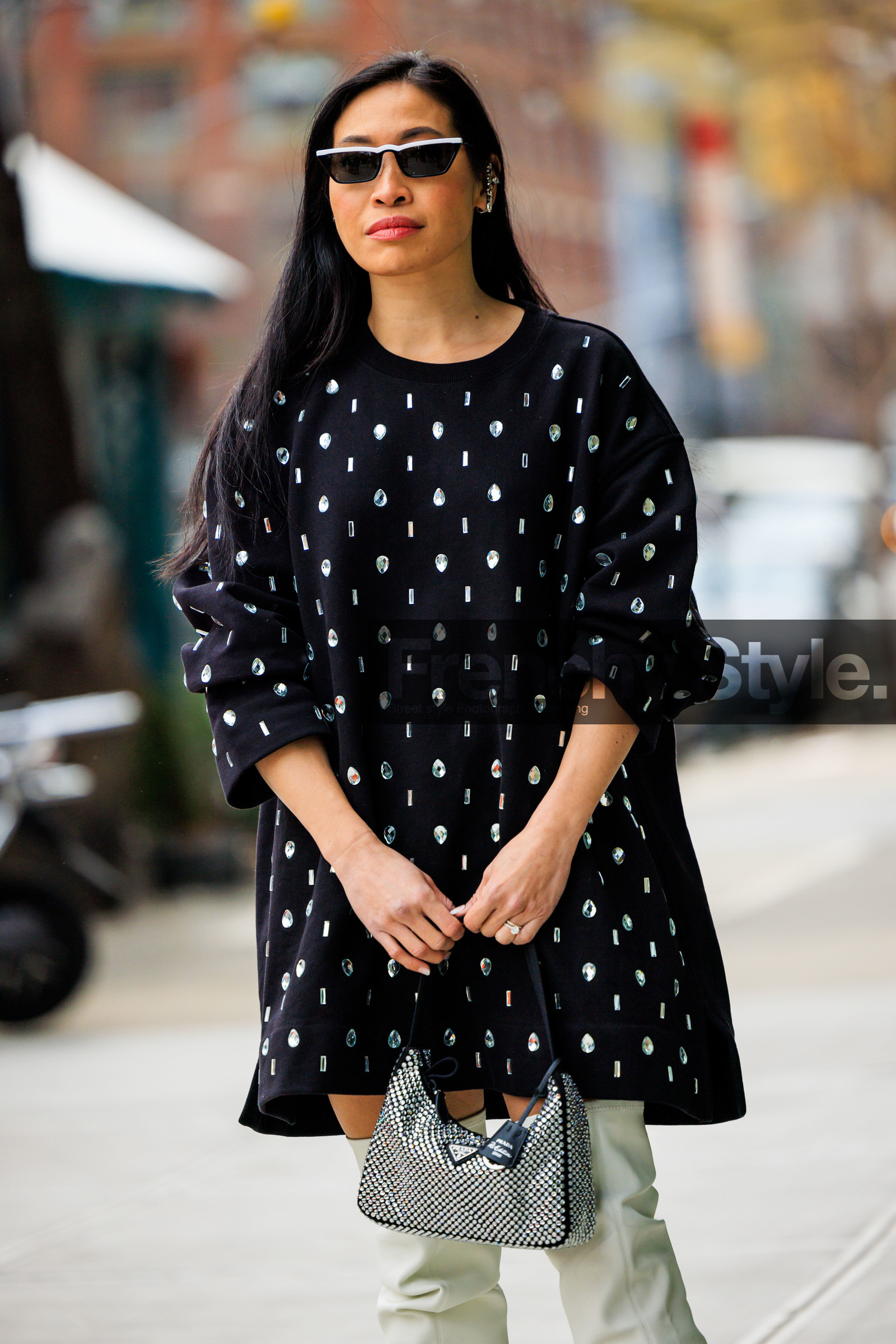 black dress with gems, white highknee boots, studded prada bag, black sun glasses, fashion week, frenchystyle, FW, jonathan paciullo, street style, NYFW, NEW YORK, AUTUMN WINTER 2022-2023, FALL WINTER 2022_2023, FW 22-23, vertical, atmosphere details