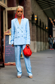 balenciaga, blazer, blue jacket, blue pants, blue suit, earrings, fashion week, frenchystyle, full length, FW, jonathan paciullo, leather bag, NEW YORK, NYFW, red bag, SPRING SUMMER 2018, SS 18, street style, sunglasses, trousers, vanessa hong, vertical
