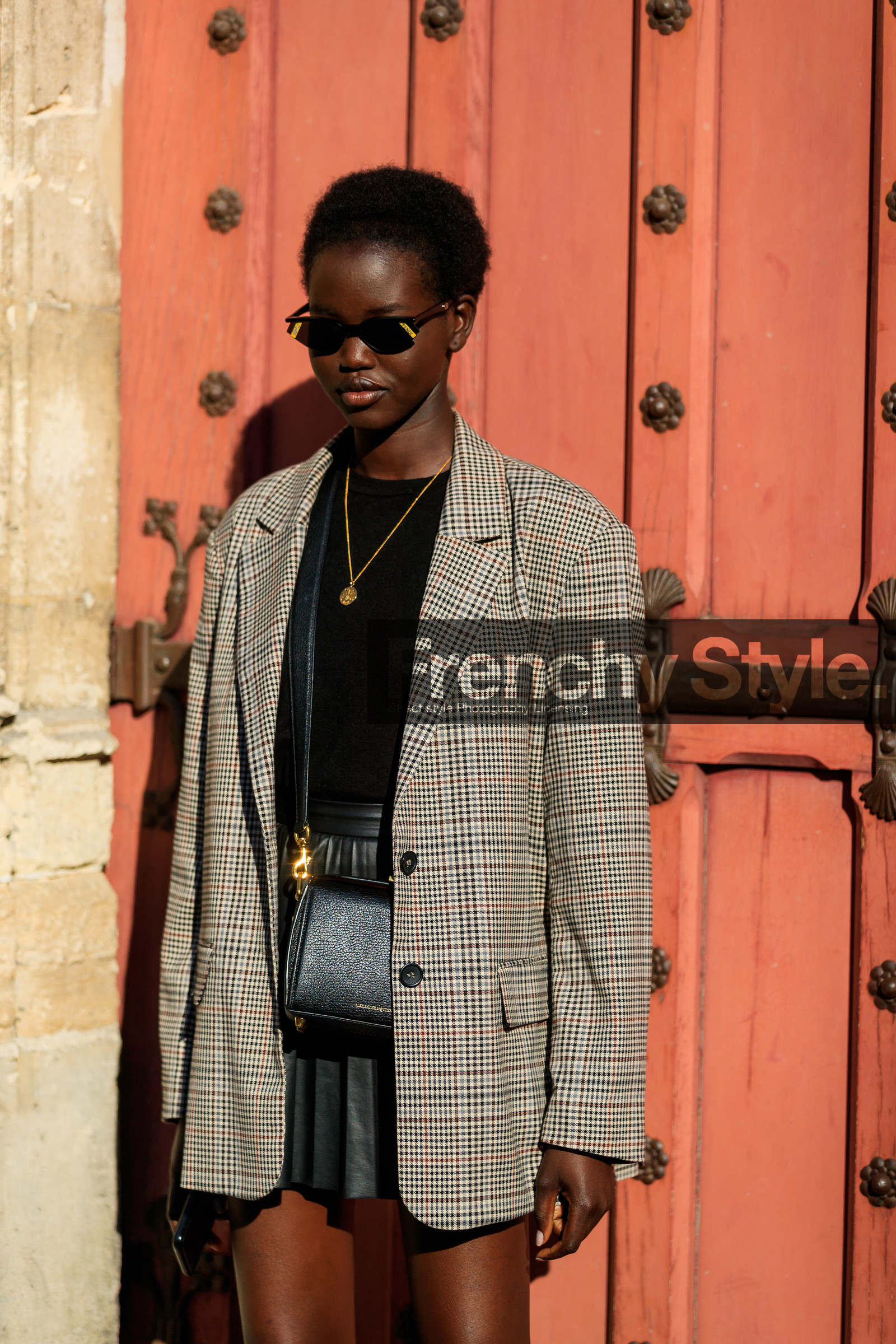 alexander mcqueen, beige jacket, black bag, black skirt, black sweater, blazer, checked, fendi, graphic jacket, leather bag, leather skirt, model, necklace, plaid, pleated skirt, printed jacket, sunglasses, PARIS, PFW, street style, jonathan paciullo, FW, frenchystyle, fashion week, AUTUMN WINTER 2019-2020, AW 19-20, FALL WINTER 2019-2020, FW 19-20, vertical, atmosphere details, detail