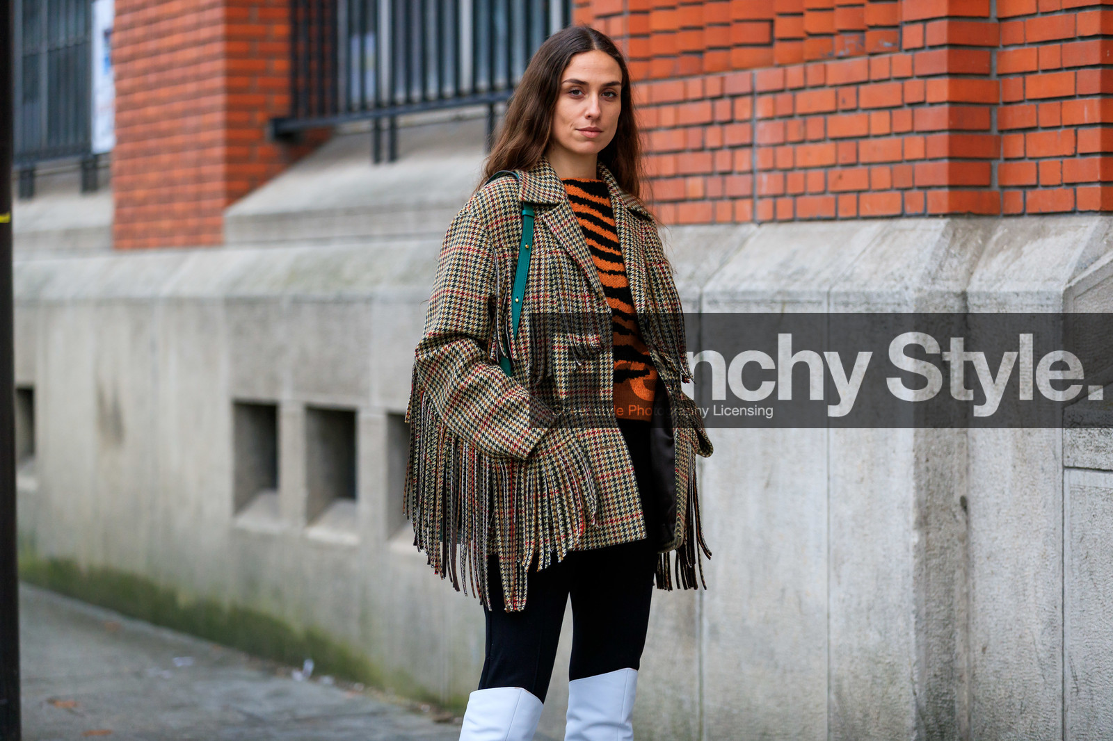 black pants, brown jacket, checked, erika boldrin, fringes, graphic jacket, graphic sweater, high boots, leather shoes, orange sweater, plaid, printed jacket, printed sweater, trousers, white shoes, zebra, PARIS, PFW, street style, jonathan paciullo, FW, frenchystyle, fashion week, AUTUMN WINTER 2019-2020, AW 19-20, FALL WINTER 2019-2020, FW 19-20, horizontal, atmosphere details, detail