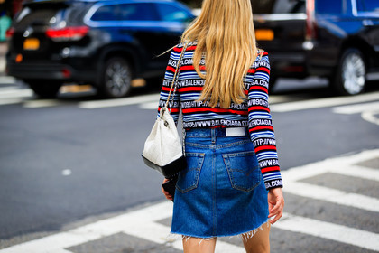 atmosphere details, back detail, balenciaga, black and white bag, blue denim, chanel handbag, denim skirt, detail, fashion week, frenchystyle, FW, graphic sweater, horizontal, jonathan paciullo, leather bag, NEW YORK, NYFW, printed sweater, SPRING SUMMER 2018, SS 18, street style, striped sweater