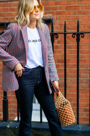 atmosphere details, black denim, blazer, brown bag, checked jacket, denim pants, detail, fashion week, frenchystyle, FW, graphic jacket, jeans, jonathan paciullo, leather bag, LFW, LONDON, lucy williams, net shopper, plaid, printed jacket, SPRING SUMMER 2018, SS 18, street style, trousers, vertical, white t shirt