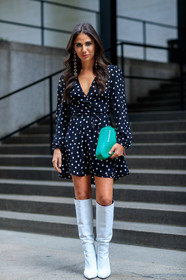 balenciaga, black dress, earrings, fashion week, frenchystyle, full length, FW, graphic bag, graphic dress, green bag, high boots, high heels, jonathan paciullo, leather bag, leather shoes, NEW YORK, NYFW, polka dot, printed dress, SPRING SUMMER 2018, SS 18, street style, vertical, white boots
