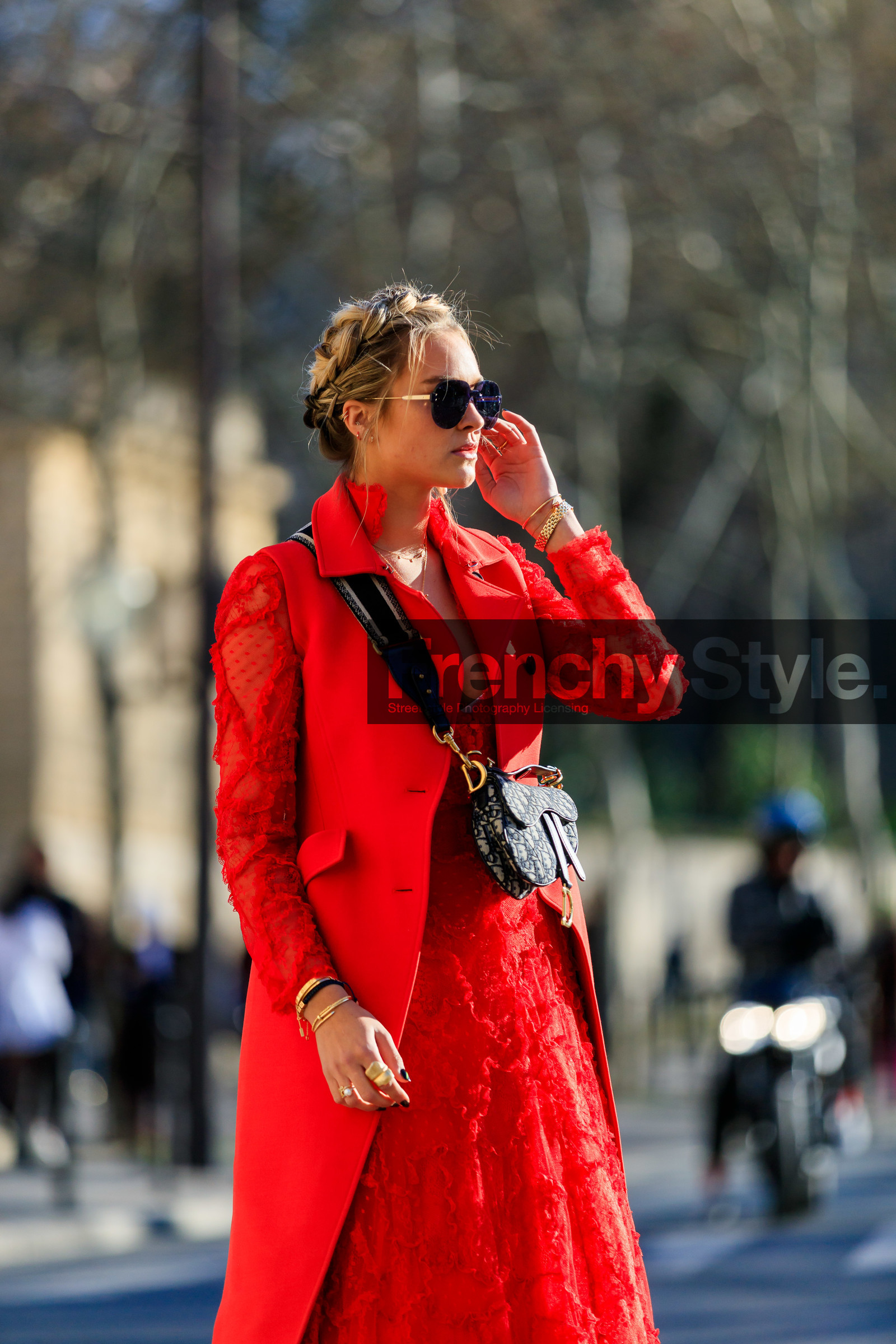 black bag, braids, graphic bag, leather bag, monogram, nina suess, printed bag, red coat, red dress, saddle bag, sunglasses, PARIS, PFW, street style, jonathan paciullo, FW, frenchystyle, fashion week, AUTUMN WINTER 2019-2020, AW 19-20, FALL WINTER 2019-2020, FW 19-20, vertical, atmosphere details, detail