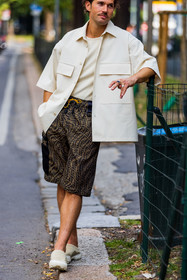 Jean-Sebastien Roques, brown short, fendi short, logo print, menswear, shirt, white shirt, fashion week, frenchystyle, FW, jonathan paciullo, street style, MFW, MILAN, SPRING SUMMER 2022, SS 22, vertical, atmosphere details, detail