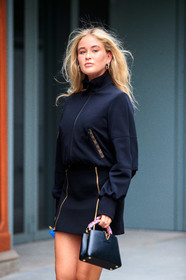 josefine H.J, louis vuitton skirt, louis vuitton jacket, louis vuitton bag, louis vuitton clutch, black jacket, black skirt, black hoodie, zipped jacket, zipped hoodie, zipped skirt, black leather bag, hand bag, blue leather clutch, hoop earrings, golden earrings, multi earrings, sportswear, sportswear jacket, PARIS, PFW, fashion week, frenchystyle, FW, jonathan paciullo, street style, SPRING SUMMER 2021, SS 21, vertical, atmosphere details, detail