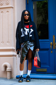 black skirt, black sneakers, black sweater, braids, fashion week, frenchystyle, full length, FW, jan-michael quammie, jonathan paciullo, leather bag, leather skirt, NEW YORK, NYFW, oversize, printed sweater, red bag, SPRING SUMMER 2018, SS 18, street style, sunglasses, supreme, vertical, vinyl, white socks