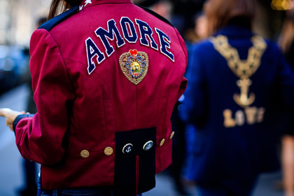 atmosphere details, AUTUMN WINTER 2017-2018, AW 17-18, back detail, blazer, blue denim, chiara totire, denim pants, detail, FALL WINTER 2017-2018, fashion week, frenchystyle, FW, FW 17-18, graphic jacket, horizontal, jeans, jonathan paciullo, message, MFW, MILAN, navy jacket, printed jacket, red jacket, street style, trousers