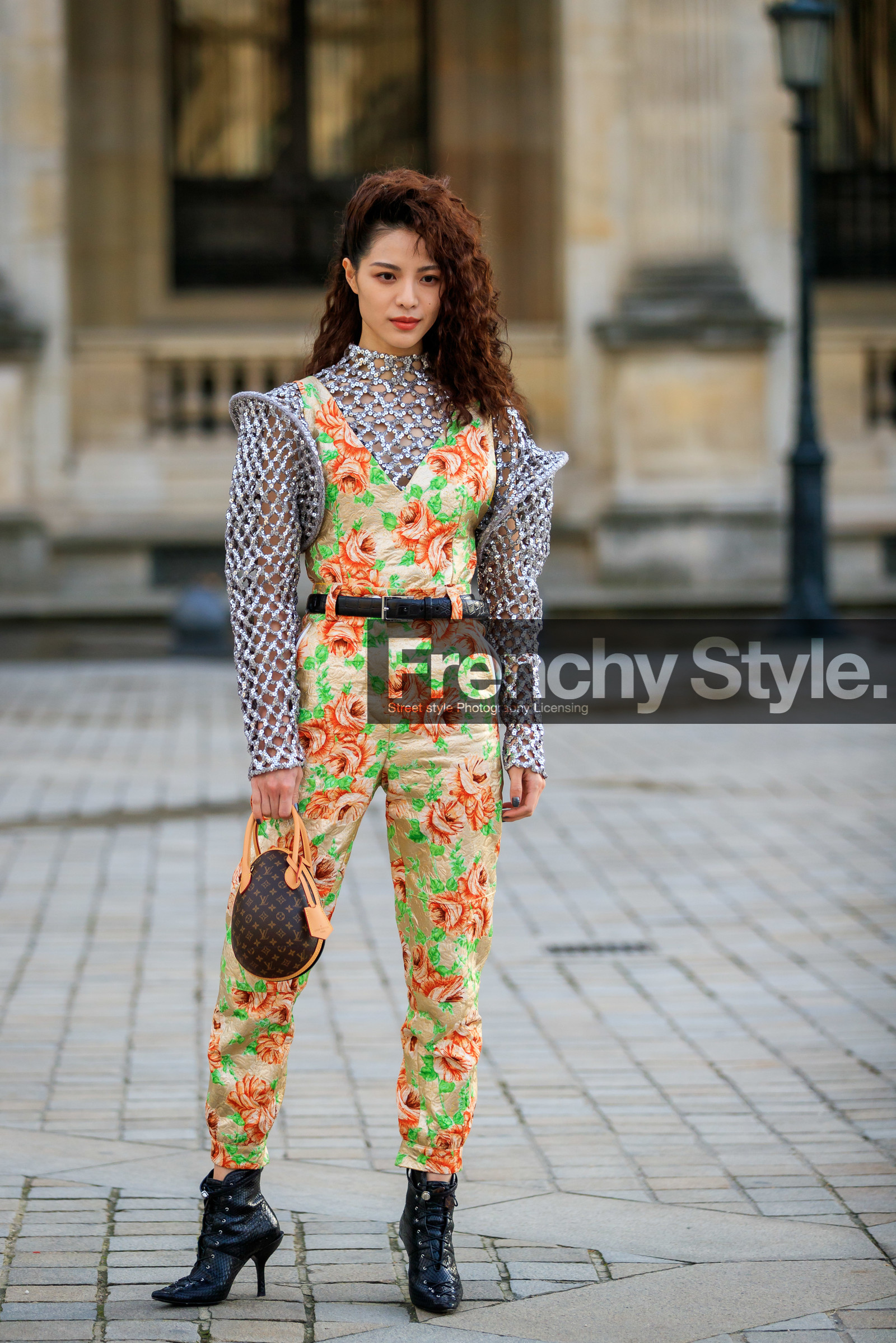 black belt, black shoes, brown bag, fishnet, floral, flowers, graphic bag, graphic pants, graphic top, high heels, leather bag, leather shoes, louis vuitton, monogram, printed bag, printed jumpsuit, printed pants, sand jumpsuit, silver top, trousers, PARIS, PFW, street style, jonathan paciullo, FW, frenchystyle, fashion week, AUTUMN WINTER 2019-2020, AW 19-20, FALL WINTER 2019-2020, FW 19-20, vertical, full length