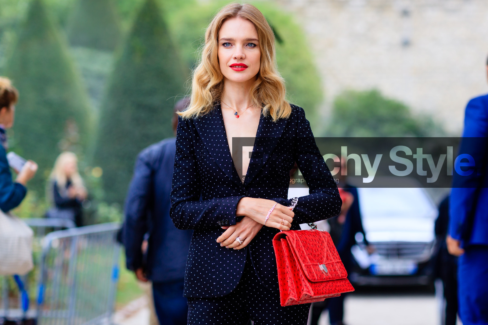 atmosphere details, black jacket, black pants, black suit, blazer, christian dior, detail, fashion week, frenchystyle, FW, horizontal, jonathan paciullo, leather bag, natalia vodianova, PARIS, PFW, printed suit, red bag, SPRING SUMMER 2017, SS 17, street style, trousers