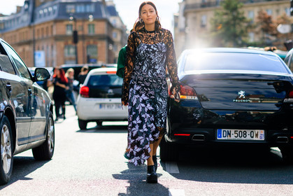 atmosphere details, black dress, black shoes, embroidered dress, fashion week, floral, flower, frenchystyle, full length, FW, horizontal, jonathan paciullo, lace dress, laser cut, leather shoes, PARIS, PFW, rachael wang, see through, SPRING SUMMER 2017, SS 17, street style