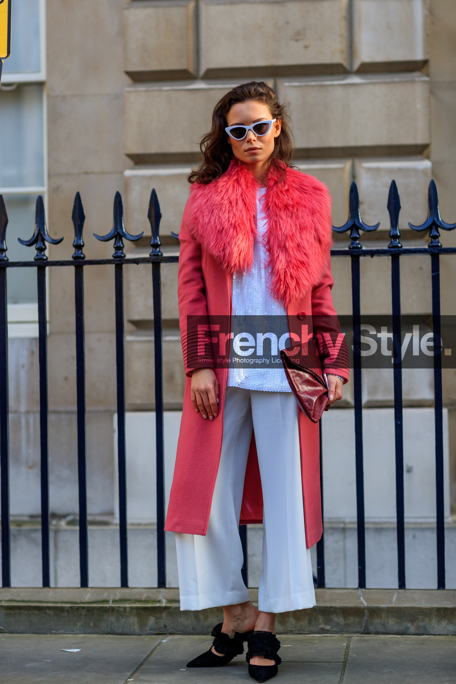 black shoes, fur collar, glitter, high heels, leather bag, leather shoes, pink coat, pink fur, red bag, sequined top, shiny top, sunglasses, trousers, white pants, white top, fashion week, frenchystyle, FW, jonathan paciullo, street style, LFW, LONDON, AUTUMN WINTER 2018-2019, AW 18-19, FALL WINTER 2018-2019, FW 18-19, vertical, full length