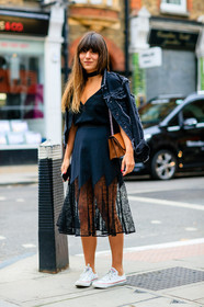 black denim, black dress, black jacket, camel bag, chloe, choker, converse, denim jacket, fashion week, frenchystyle, full length, FW, jonathan paciullo, lace dress, leather bag, LFW, LONDON, necklace, over the shoulder, see through, SPRING SUMMER 2017, SS 17, street style, vertical, white sneakers, woman