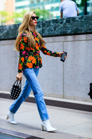 alexander wang, balenciaga, black bag, blue denim, denim pants, fashion week, floral, flowers, frenchystyle, full length, FW, high heels, jeans, joanna hillman, jonathan paciullo, leather bag, leather shoes, multicolor top, NEW YORK, NYFW, printed top, red lips, SPRING SUMMER 2018, SS 18, street style, studs, sunglasses, trousers, vertical, white boots