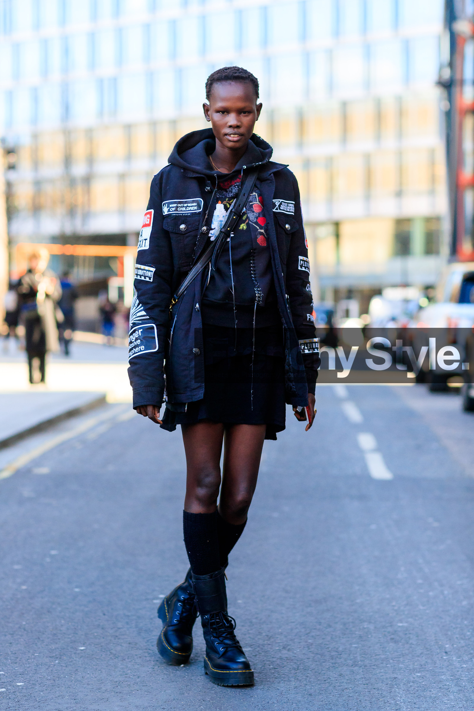 black boots, black jacket, black shoes, black skirt, black socks, black sweater, graphic jacket, hoodie, leather shoes, philippe plein, printed jacket, short hair, tone on tone, total look black, street style, jonathan paciullo, FW, frenchystyle, fashion week, LFW, LONDON, AUTUMN WINTER 2018-2019, AW 18-19, FALL WINTER 2018-2019, FW 18-19, vertical, full length, model