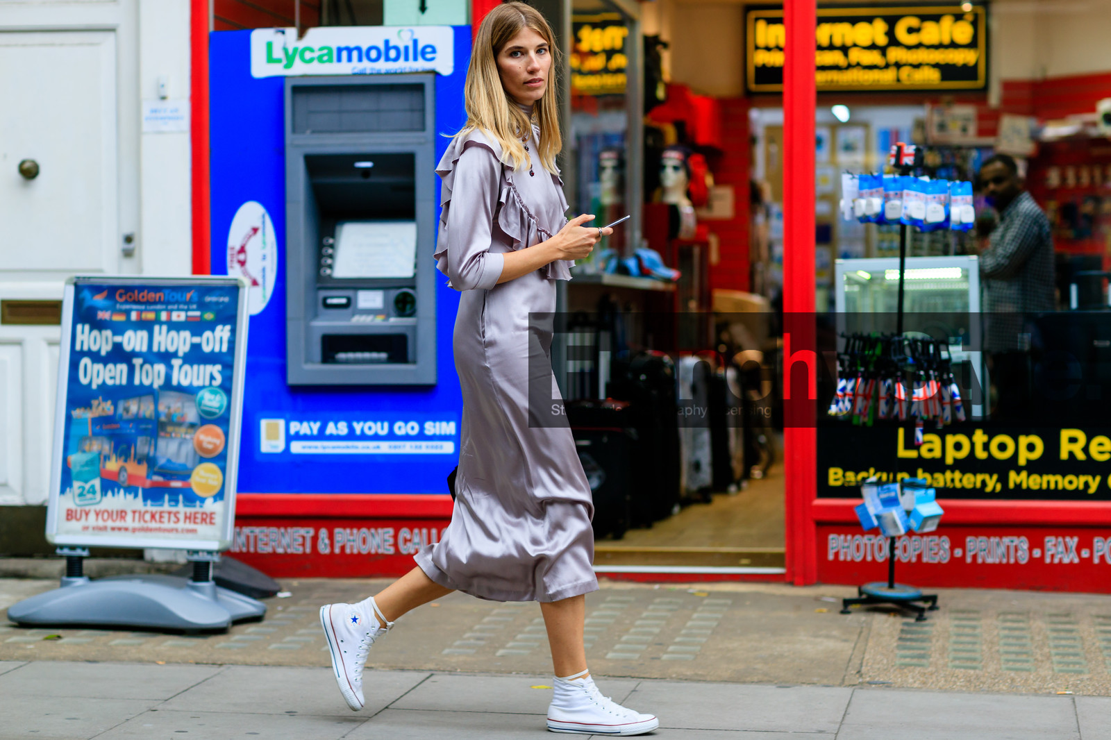 atmosphere details, black bag, converse, fashion week, frenchystyle, full length, FW, horizontal, jonathan paciullo, leather bag, LFW, LONDON, purple dress, silk dress, slip dress, SPRING SUMMER 2017, SS 17, street style, veronika heilbrunner, white sneakers, woman