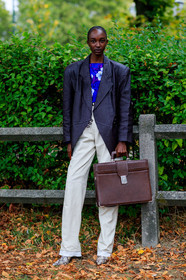 model, black leather jacket, white leather pants, oversize jacket, blue blouse, floral printed blouse, golden earrings, dangling earrings, brown leather bag, box bag, hand bag, animal skin boots, fashion week, frenchystyle, FW, jonathan paciullo, street style, SPRING SUMMER 2020, SS 20, PFW, PARIS, vertical, full length