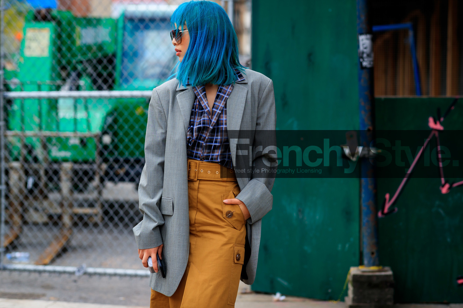 blazer, blue hair, blue shirt, brown skirt, checked, dyed hair, grey jacket, high waist, Margaret Zhang, plaid, printed shirt, sunglasses, street style, jonathan paciullo, FW, frenchystyle, fashion week, NEW YORK, NYFW, SPRING SUMMER 2020, SS 20, horizontal, atmosphere details, detail