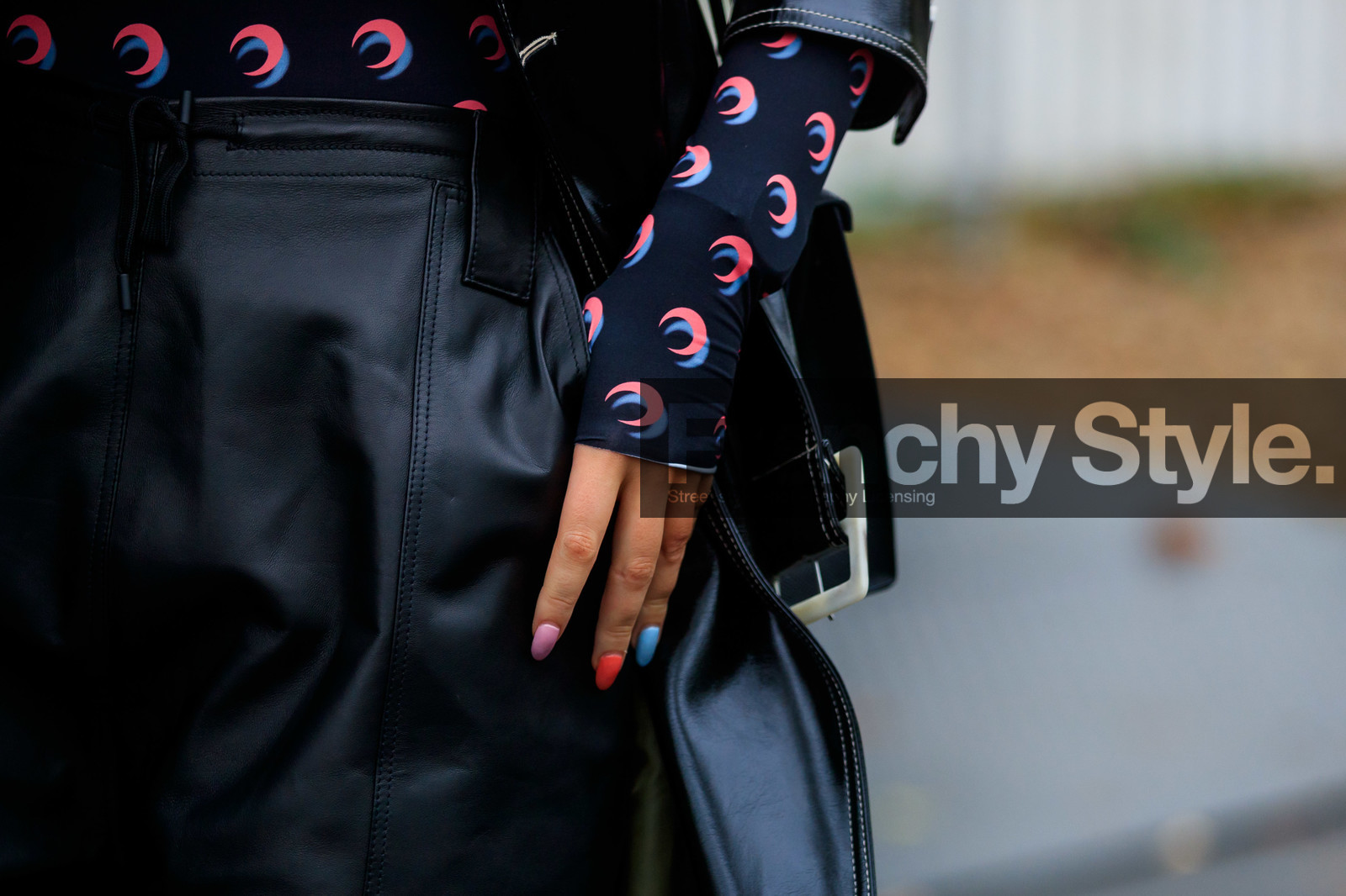 close up detail, monogrammed top, nails details, black top, black leather pants, marine serre top, fashion week, frenchystyle, FW, jonathan paciullo, street style, SPRING SUMMER 2020, SS 20, PFW, PARIS, horizontal, atmosphere details, detail