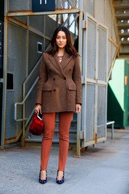 balenciaga, beige pants, blazer, brown jacket, fashion week, frenchystyle, full length, FW, graphic jacket, high heels, houndstooth pattern, jonathan paciullo, kim jones, leather bag, leather shoes, NEW YORK, NYFW, polka dot, printed jacket, printed shoes, red bag, SPRING SUMMER 2018, SS 18, street style, trousers, velvet, vertical