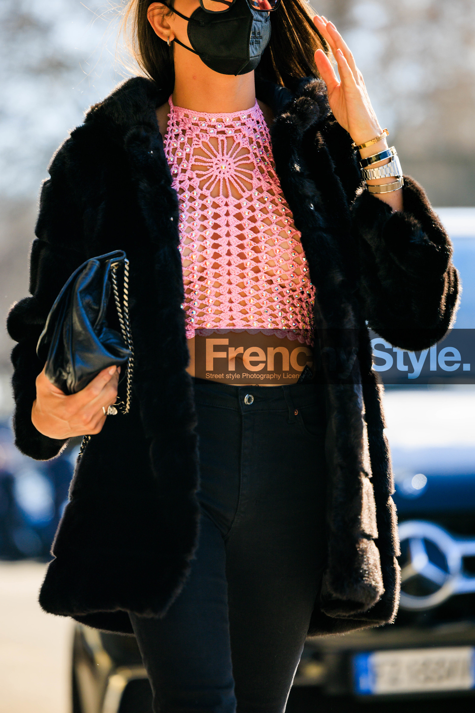 knitted top, cropped top, pink top, black coat, furry coat, black pants, details, watch, black handbag, fashion week, frenchystyle, FW, jonathan paciullo, street style, vertical, atmosphere details, detail