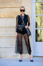 black and white bag, black and white shoes, black bag, black bra, black dress, black jacket, black top, christian dior, fishnet, graphic bag, graphic dress, leather bag, leather shoes, leonie hanne, printed bag, printed dress, saddle bag, see through, sleeveless, sunglasses, tights, PARIS, PFW, street style, jonathan paciullo, FW, frenchystyle, fashion week, AUTUMN WINTER 2019-2020, AW 19-20, FALL WINTER 2019-2020, FW 19-20, vertical, full length