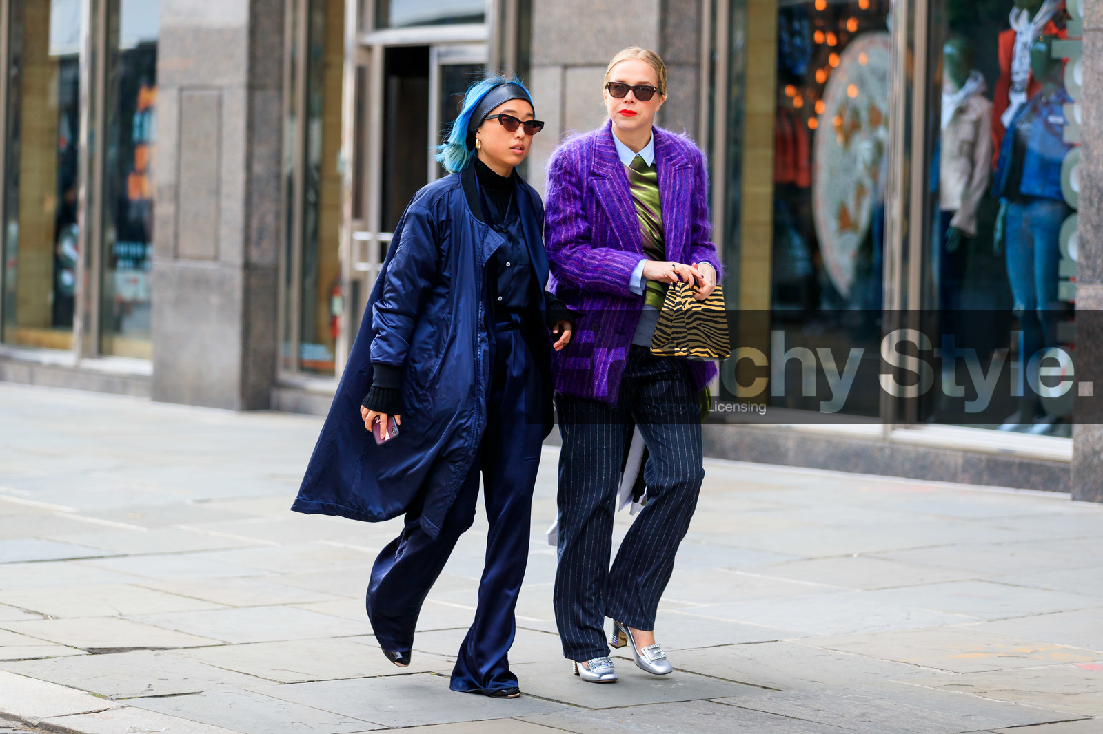 animal print, blazer, blue hair, blue shirt, chloe king, dyed hair, earrings, graphic bag, graphic jacket, grey pants, gucci, headband, high heels, leather bag, leather shoes, Margaret Zhang, navy coat, navy pant, printed bag, printed jacket, printed pants, purple jacket, sequined shoes, shiny shoes, silver shoes, striped pants, sunglasses, tone on tone, total look blue, total look navy, trousers, yellow bag, zebra, street style, jonathan paciullo, frenchystyle, NYFW, NEW YORK, AUTUMN WINTER 2019-2020, AW 19-20, FALL WINTER 2019-2020, FW 19-20, FW, fashion week, atmosphere details, horizontal, full length