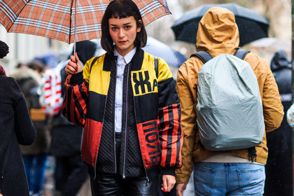 atmosphere details, AUTUMN WINTER 2016-2017, AW 16-17, black jacket, black pants, bomber jacket, detail, FALL WINTER 2016-2017, fashion week, frenchystyle, FW, FW 16-17, gosha rubchinskiy, graphic jacket, horizontal, jonathan paciullo, leather pants, LFW, LONDON, MENSWEAR, patchwork, printed jacket, red jacket, street style, trousers, umbrella, white shirt, yellow jacket
