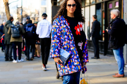 black sweater, blue bag, blue jacket, floral, flowers, graphic bag, graphic jacket, leather bag, printed bag, printed jacket, printed sweater, sunglasses, fashion week, frenchystyle, FW, jonathan paciullo, street style, LFW, LONDON, AUTUMN WINTER 2019-2020, AW 19-20, FW 19-20, FALL WINTER 2019-2020, horizontal, atmosphere details, detail