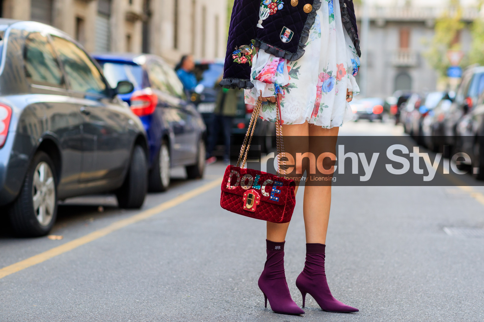 atmosphere details, black jacket, detail, dolce & gabbana, embroidered jacket, fashion week, floral, flowers, frenchystyle, FW, graphic bag, graphic dress, graphic jacket, high heels, horizontal, jonathan paciullo, leather bag, leather shoes, MFW, MILAN, over the shoulder, printed bag, printed dress, printed jacket, purple boots, red bag, ruffles, SPRING SUMMER 2018, SS 18, street style, velvet, white dress