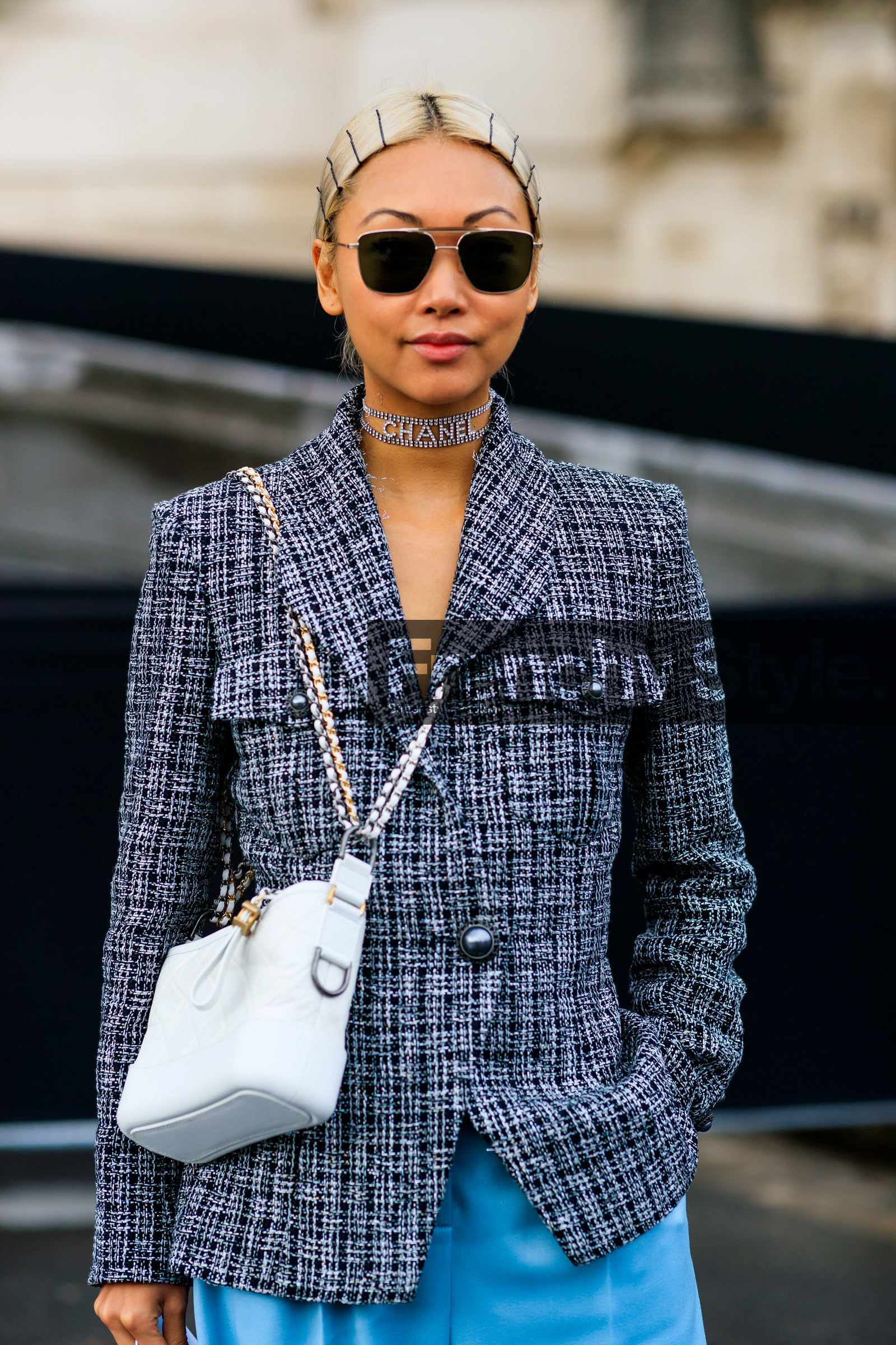 blazer, blue pants, chanel, choker, graphic jacket, grey jacket, hair clip, leather bag, necklace, printed jacket, sunglasses, trousers, tweed jacket, vanessa hong, white bag, PARIS, PFW, street style, jonathan paciullo, FW, frenchystyle, fashion week, AUTUMN WINTER 2019-2020, AW 19-20, FALL WINTER 2019-2020, FW 19-20, vertical, atmosphere details, detail