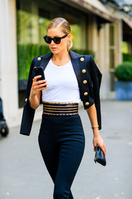 balmain, black and white, black belt, black denim, black jacket, black leggings, blazer, detail, doutzen kroes, fashion week, frenchystyle, FW, golden details, high waist, jonathan paciullo, model, over the shoulder, PARIS, PFW, pulled back hair, SPRING SUMMER 2017, SS 17, street style, sunglasses, trousers, vertical, wet hair, white t shirt